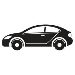 Simple minimalist black silhouette of a modern sedan car viewed from the side, representing automotive design and transportation, isolated on a white background