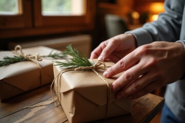 Wrapping Christmas presents. Close up of hands tying twine on a rustic, brown paper-wrapped gift with a sprig of evergreen.