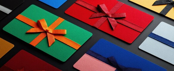 The vibrant display of assorted gift cards with decorative bows.