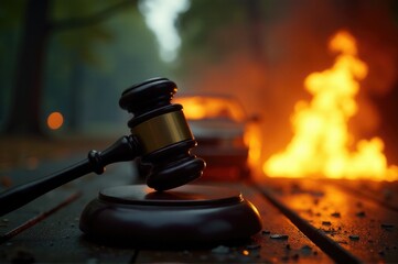 A simple illustration of a wooden gavel placed on a wooden table, often used in courtroom or law-related settings