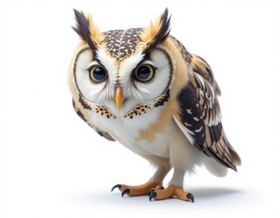 A close-up view of an owl's face on a white background, ideal for use in wildlife or educational contexts