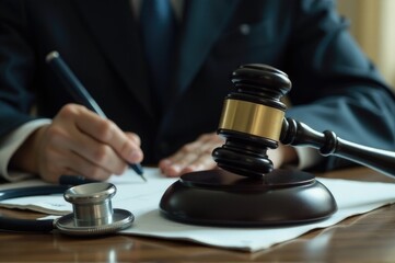 A judge's gavel and stethoscope on a desk, ready for use