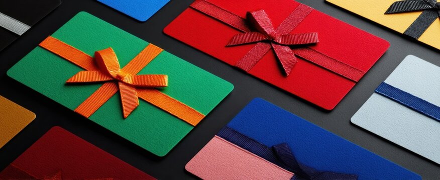 The vibrant display of assorted gift cards with decorative bows.
