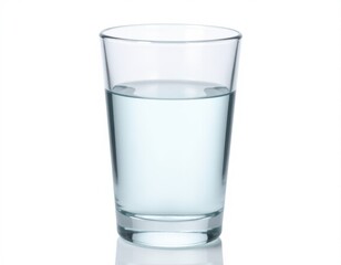 A clear glass filled with water placed on a clean white surface