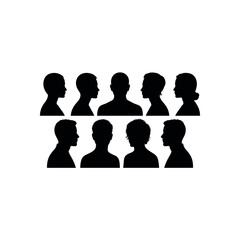 Diverse group of black human head and shoulder silhouettes facing different directions people diversity