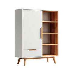 Modern white and wood cabinet with shelves and drawer.