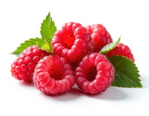 Fresh raspberries and green leaves arranged on a white background