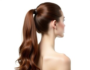 A woman wearing her long brown hair in a ponytail