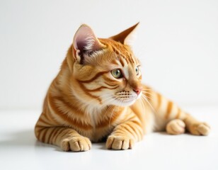 A domestic orange cat lounging on a clean white surface, possibly a table or countertop