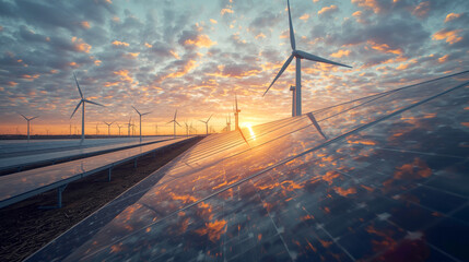 clean energy concept, photovoltaic panels and wind turbines in the light of the rising sun. large-scale clean energy farm at sunset or sunrise. In the foreground, an expansive array of solar panels