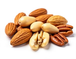 A collection of nuts on a white surface, great for use in still life compositions or as a prop