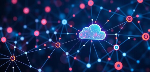 Abstract network nodes and cloud icons forming a data stream,  communication,  digital