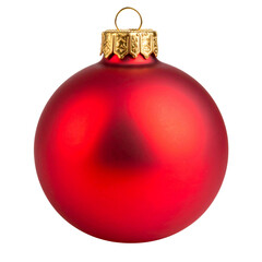 Glossy Red Christmas Bauble with Gold Cap and String, Front View, Realistic Shine, Isolated on Transparent Background