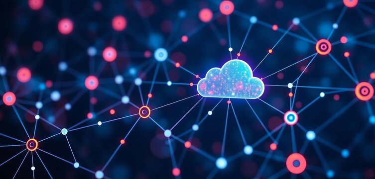 Abstract network nodes and cloud icons forming a data stream,  communication,  digital