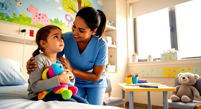 Nurse comforting a young girl in a hospital bed with a toy