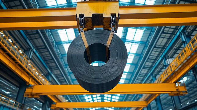 Steel factory, Large industrial warehouse with overhead cranes and metal coils.