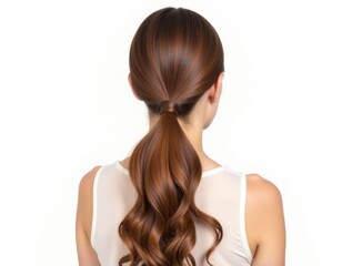 Naklejka premium A woman with her hair tied up in a ponytail, featuring long brown locks