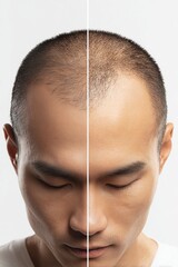 Before and after hair transplant on Asian male with receding hairline, close-up of scalp and restored hair density, clinical background, medical hair restoration concept
