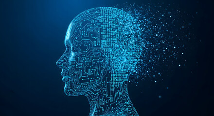 Abstract glowing blue artificial intelligence head with digital network connections