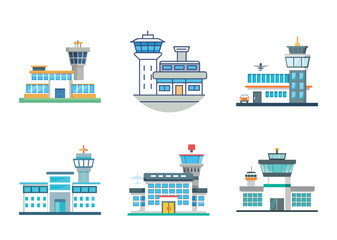Obraz premium Six stylized airport terminal building vector illustrations with control towers and airplanes