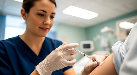 Nurse administering an injection to a patients arm in a clinic
