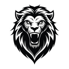 Obraz premium Striking black and white illustration of a lions face with an aggressive expression and open mouth, conveying strength, wildness, and dominance