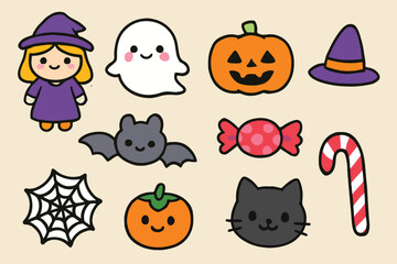 Cute Halloween cartoon icons with witch, ghost, pumpkin, cat, bat, spider web, and candy. Perfect for kids' stickers, party invites, decorations, crafts, and festive designs.