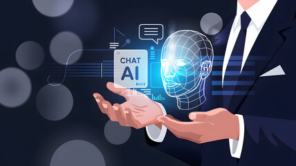 Innovative businessman presenting chat AI technology with digital human head in futuristic design