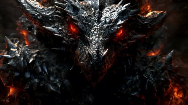 A closeup of a dragons head, showcasing its intricate scales and fiery eyes. The dragons eyes are a striking shade of red, contrasting with the dark, almost black, hue of its body.