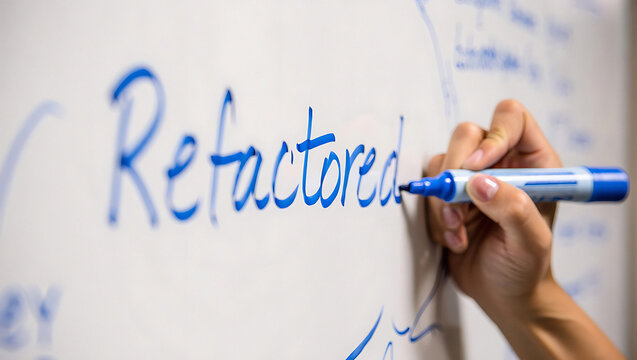 Hand writing the word refactoring on a whiteboard with a blue marker