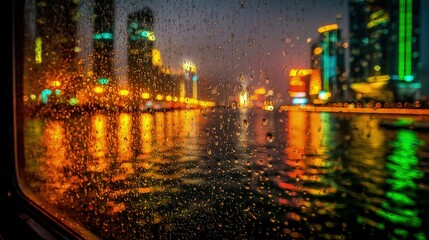 Cityscape At Night Through Rainy Window
