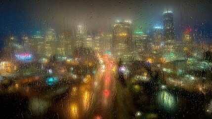 Rainy Night Cityscape Through Wet Window