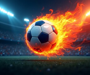 Fototapeta premium Football flame explosion in stadium with burning soccer ball flying across field and blazing fire trail, perfect for sports energy concept art, championship posters, and dynamic backgrounds