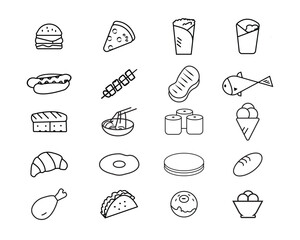 Big Set of Food Icons in Thin Line Style. Vector Pictograms of Fast Food, Meals, and Cuisine including Burger, Pizza, Sushi, and Tacos.