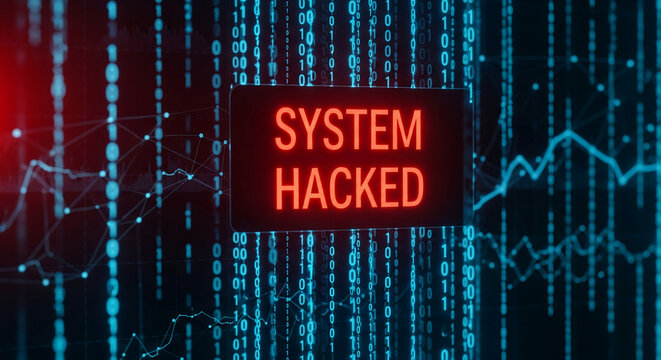 Red "System Hacked" warning on dark digital background with binary code and data graphs, symbolizing cybersecurity breach and data theft