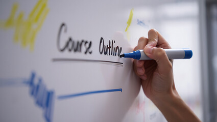 Hand writing course outline on a whiteboard with a marker