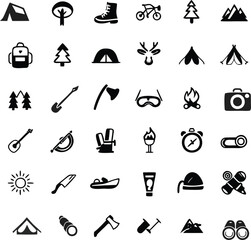 Camping and Outdoor Activity Icons on a Plain Background, Adventure Symbols
