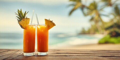 Obraz premium The vibrant tropical cocktails ready for enjoyment by the beach