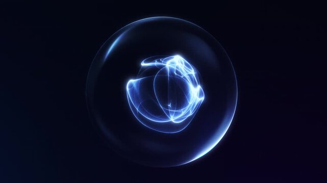 Elegant dark glowing navy blue energy sphere floating in space. High-quality seamless 4K loop ideal for technology-themed visuals, digital events and futuristic media.