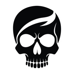 Stylized black skull with a prominent white streak of hair swept to the side, presented as a graphic design element