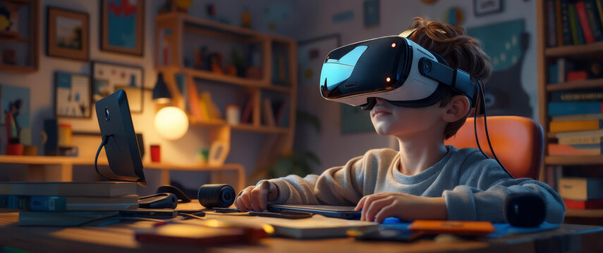 Schoolstudent using virtual reality headset to learn new things