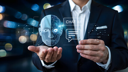 Futuristic AI assistant concept, person holding digital brain and chatbot interface in modern tech setting