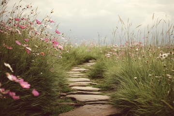 Scenic Stone Path Through Pink Cosmos Flowers