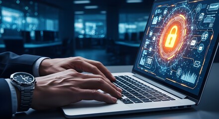 Cyber security concept of a businessman typing on a laptop with a lock icon on the screen