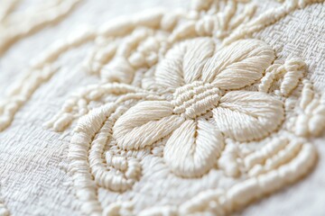 Intricate floral embroidery on fabric with soft cream texture, showcasing detailed stitching.