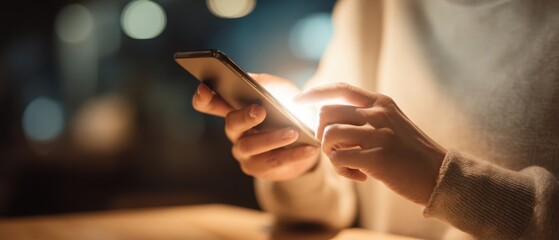 Obraz premium The smartphone illuminated by hands in a cozy nighttime setting.