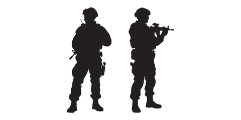 Silhouette vector set of an American soldier holding a gun. On white background