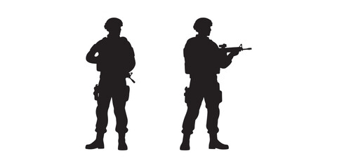 Silhouette vector set of an American soldier holding a gun. On white background