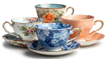 Floral Pattern Teacups And Saucers On White Background