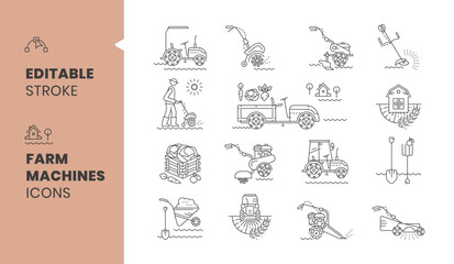 Farm machines, Agricultural machinery, farm linear icons with editable outline, Tractor, trimmers, cultivator, walk-behind tractor, plowing land. Vector illustration